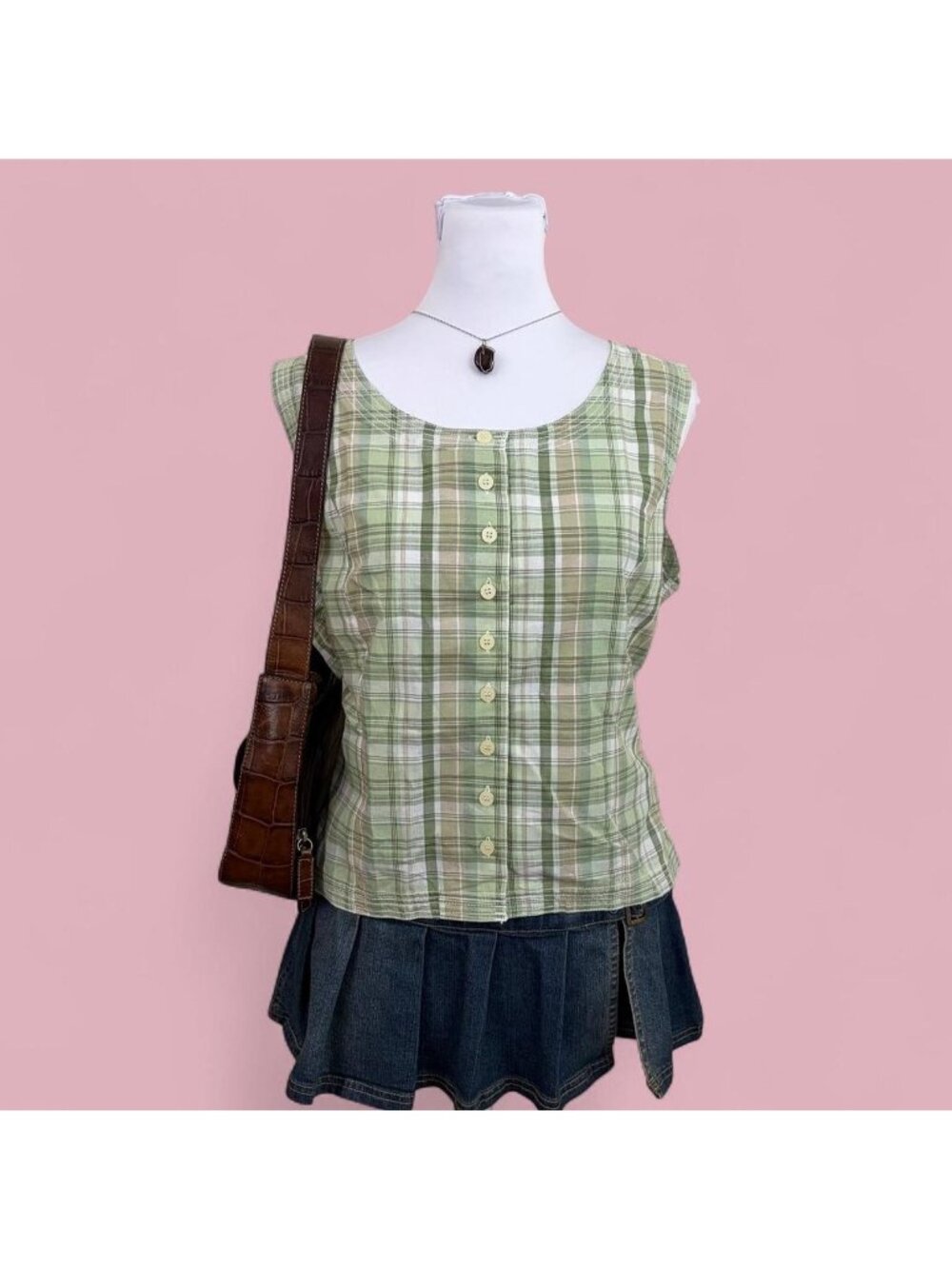 y2k green plaid cottagecore western top